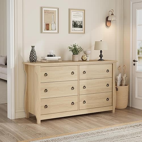 GarveeHome Natural Wood 6-Drawer Dresser - Tall Boho Dresser with Curved Legs, Rattan Accents, and Freestanding Storage for Living Room, Bedroom, Entryway, or Balcony
