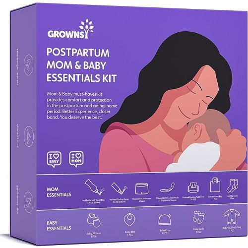 Grownsy Postpartum Essentials Recovery Kit | Postpartum Kit for Women | Includes Peri Bottle, Herbal Perineal Cooling Spray, Women Cleaning Wipes, Hot&Cold Pack & Disposable Underwear