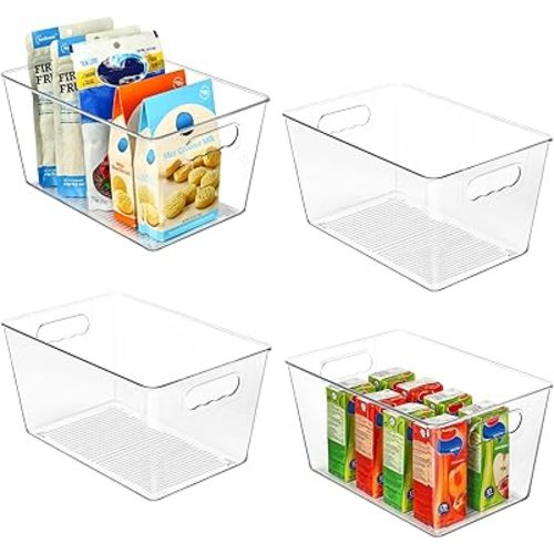 Vtopmart Clear Plastic Pantry Organizer Bins, 4 PCS Food Storage Bins with Handle for Refrigerator, Fridge, Cabinet, Kitchen, Countertops, Cupboard, Freezer Organization and Storage, BPA Free, Large