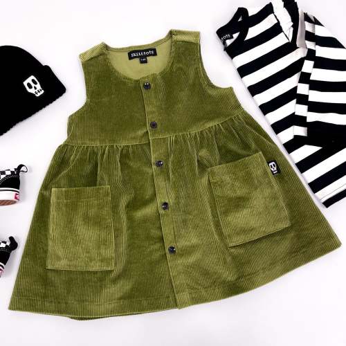 NOT SO BASIC OLIVE CORD PINAFORE SMOCK DRESS