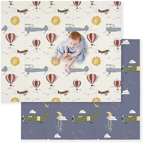 JumpOff Jo Baby Play Mat - Large Folding Foam Play Mat for Infants, Babies, Toddlers, Waterproof, Double-Sided (70" x 59") - Take Flight