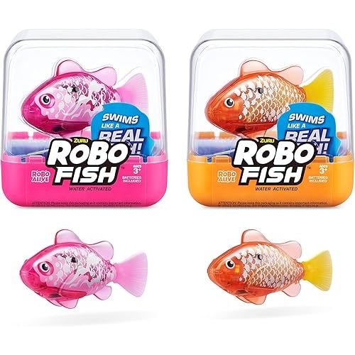 Robo Alive Robo Fish Robotic Swimming Fish (Pink + Golden) by ZURU Water Activated, Changes Color, Comes with Batteries, Amazon Exclusive (2 Pack) Series 3