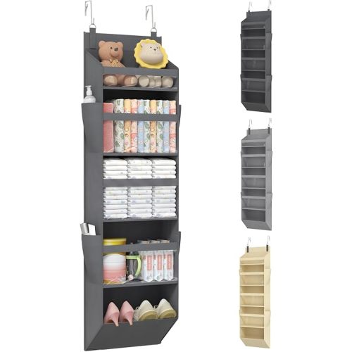 Lifewit 1 Pack Over the Door Organizer, 5 Section Clear Window Hanging Storage with 4 Side Pockets, Sturdy Anti Tilt 40 lbs Load Behind Door for Closet, Bedroom, Bathroom, Nursery, Dorm, Dark Gray
