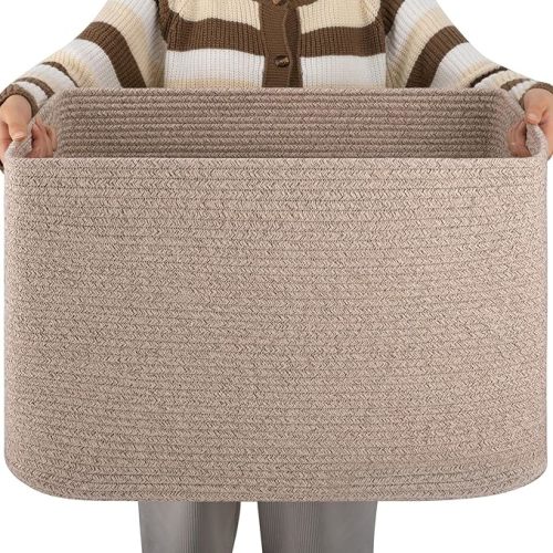 OIAHOMY XXLarge Rectangle Blanket Basket-96L, Cotton Woven Basket for Storage, Dirty Clothes Basket for Living Room, Nursery, Bedroom, Toy Organizing with Handle, 24" x 16" x 15",Brown variegated