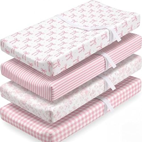 Peryiter 4 Pack Pink Baby Changing Pad Covers for Girls Pink Bow Gingham Baby Diaper Covers 32" x 16" Coquette Quilted Cotton Fitted Diaper Sheet Breathable Extra Thick Sheets for Girls