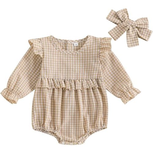 Karuedoo Newborn Baby Girl Clothes Gingham Plaid Bubble Romper Long Sleeve Ruffle Bodysuit with Headband Spring Fall Outfit