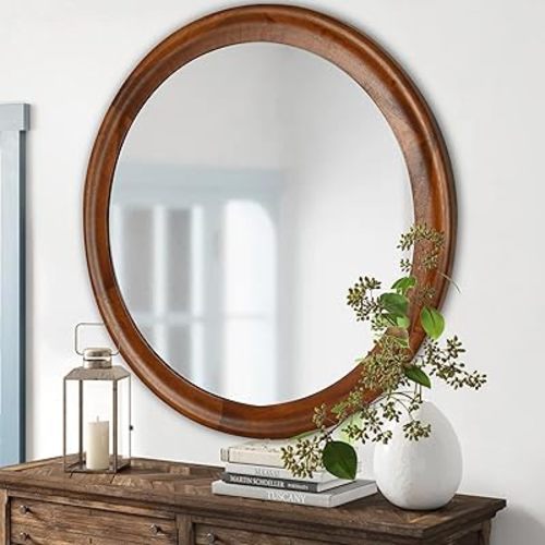 CULER Round Wall Mirrors 30 Inch,Wood Rustic Decorative Transitional Mirror with Walnut Frame for Wall,Farmhouse Hanging Vanity Mirror for Bathroom Bedroom Living Room or Entryway（Rustic Brown）