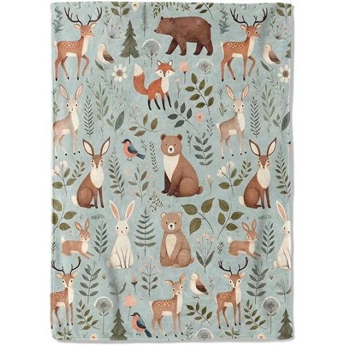 Woodland Animal Fleece Blanket - 50x60in Cute Deer Bear Fox and Bird Throw Blankets,Soft Cozy Lightweight, Ideal for Living Room Home Rustic Spring Decor and Kids Women Girls Gifts