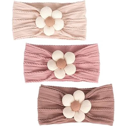 3 Pcs Baby Flower Headbands Baby Girls Nylon Headbands Soft Hairbands Hair Accessories for Newborn Infant Toddler Kids（Beige Pink Khaki）