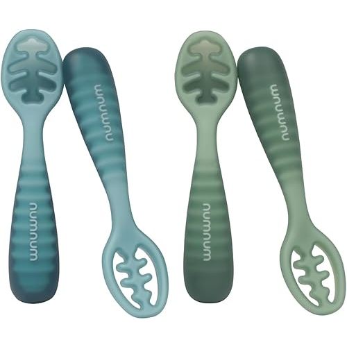 NumNum Baby Spoons Set, Baby Essentials Pre-Spoon GOOtensils for 12+ Months, First Stage Self-Feeding Spoons for Baby Led Weaning (BLW), Silicone Toddler Utensils, BPA-Free, 4 Pack Blue/Green