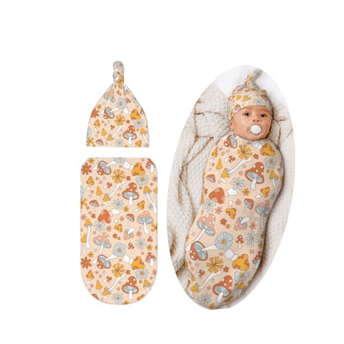 Cute Mushroom Swaddle Blanket Hat Set for Boys Girls, Soft Floral Newborn Sleeping Sack Receiving Blanket Shower Gift