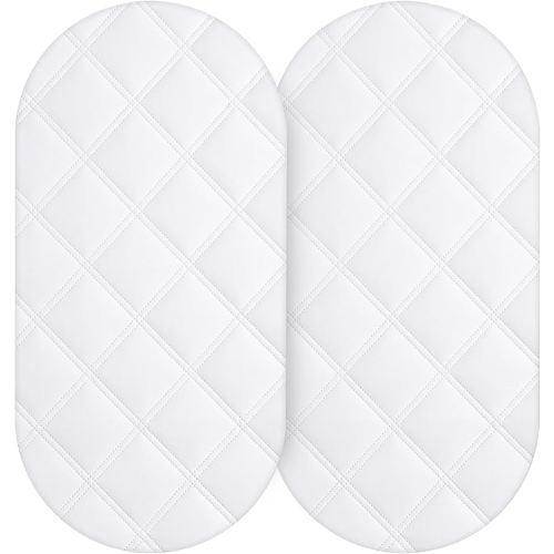 Yoofoss Waterproof Bassinet Mattress Pad Cover 2 Pack Fit for Hourglass/Oval Bassinet Mattress, Baby Bassinet Mattress Protector for Boys and Girls 32X16in White