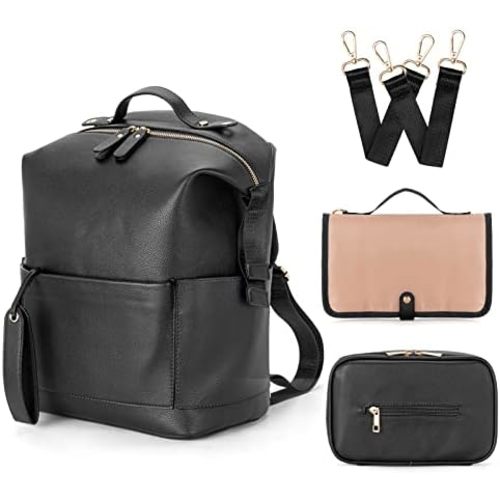 Minsong Diaper Bag Backpack, Waterproof Leather Diaper Bags With Changing Station for Baby, Fashion Nappy Travel Backpack for Mom Dad (Black)