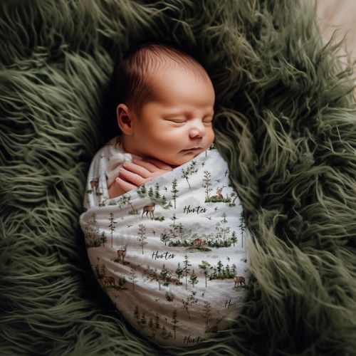 Personalized Deer in Forest Baby Boy Swaddle Set, Custom Name Woodland Girl Bow Hat / Headband, Nature Newborn Beanie Cap, Wilderness Outfit