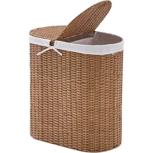 Laundry Hamper with Lid, 110L Handwoven Rattan Clothes Hamper with Removable Liner Bags, 2 Section Wicker Laundry Basket for Bedroom, Laundry Room and Bathroom (Rattan, 110L)