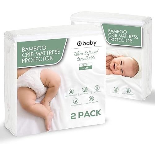 Ultra Soft Bamboo Crib Mattress Protector, Waterproof Baby Crib Sheet, 52x28x9, Long Skirt, Hypoallergenic, Crib Mattress Cover, o1baby, o1brand (2 Pack)