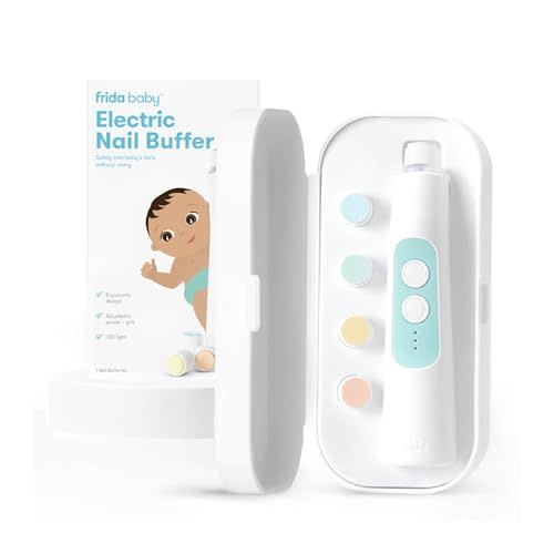 Frida Baby Electric Nail Buffer | Safe + Easy Baby Nail File, Baby Nail Clippers + Nail Trimmer Kit for Newborn, Toddler, Children's Fingernails/Toenails, 4 Buffer Pads, LED Light, Storage Case, White