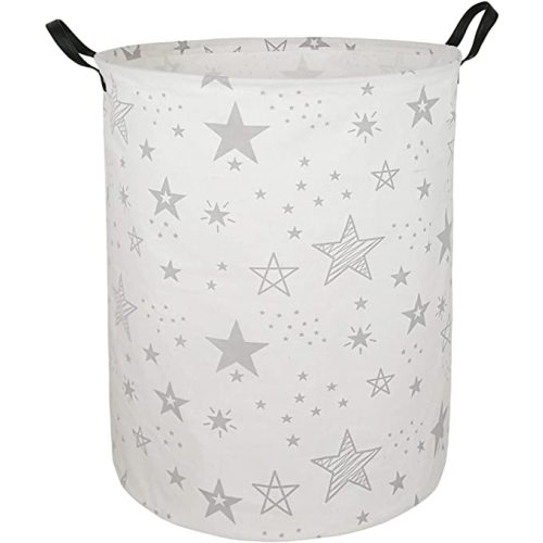 19.7" Round Canvas Large Clothes Basket Laundry Hamper with Handles,Waterproof Cotton Storage Organizer Perfect for Kids Boys Girls Toys Room, Bedroom, Nursery,Home,Gift Basket(Grey Star)