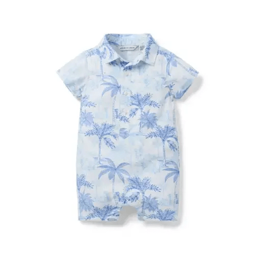 Baby Palm Toile Linen-Cotton Romper