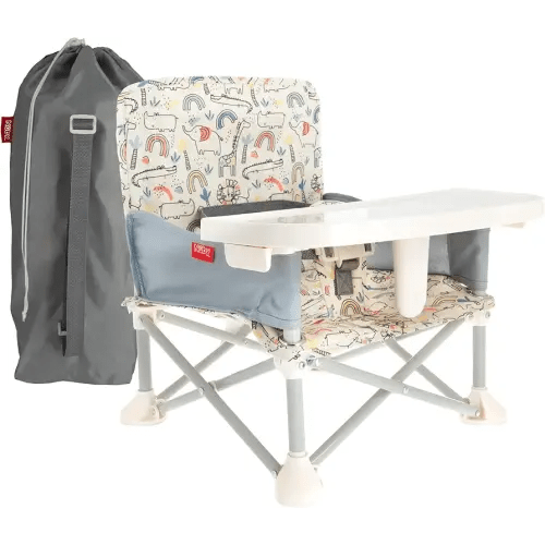 Nuby Easy Go Pop Up Foldable Booster Seat with Removable Tray and Travel Bag - Travel Floor and Booster Seat for Indoor/Outdoor Use - 3-Point Safety Adjustable Straps - 6+ Months, Safari