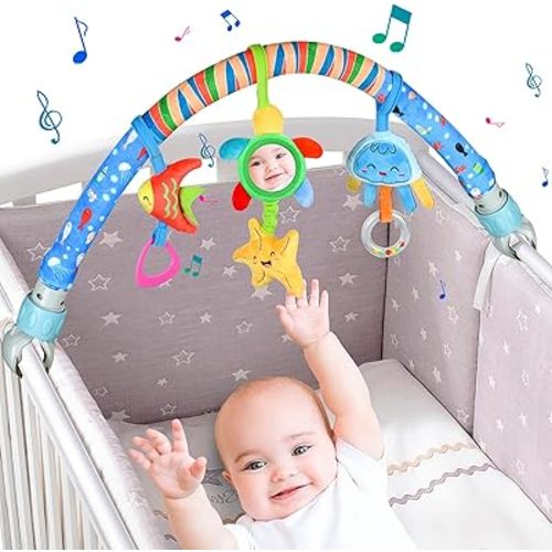 Baby Travel Arch Stroller/Bassinet Toy, Crib Accessory, Car seat Toy, Detachable Activity Musical Animal Arch Toys with Rattles BB Squeaker Teether (Ocean)