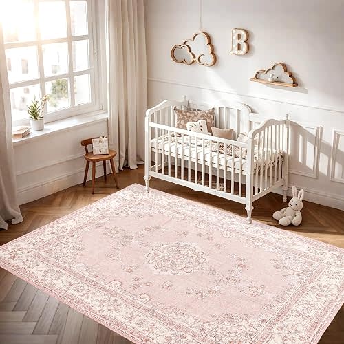 Soft Pink Rug for Girls Room: 5x8 Vintage Washable Carpet Bedroom Nursery