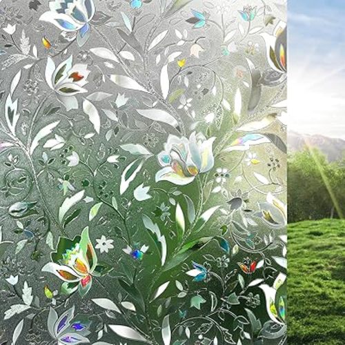 rabbitgoo Window Privacy Film, Decorative Stained Glass Window Film, Sun Blocking Glass Clings, Renter-Friendly Static Cling Frosted Sticker Covering for Home Door, Rainbow Tulip 17.5" x 78.7"