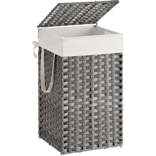 SONGMICS Laundry Hamper with Lid, 17.2 Gallon (65 L) Synthetic Rattan Clothes Laundry Basket with Lid and Handles, Foldable, Removable Liner, Dove Gray ULCB165G01