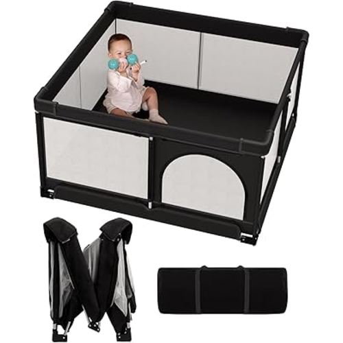Foldable Baby Playpen, 51"x51" Indoor & Outdoor Play Yard with Single-Joint Frame, Breathable Mesh, Non-Slip Base, Portable Playpen for Toddlers and Infants (Black)