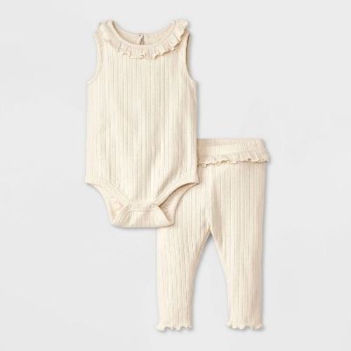 Baby Girls' Pointelle Ribbed Romper & Leggings Set - Cloud Island™ Cream 6-9m