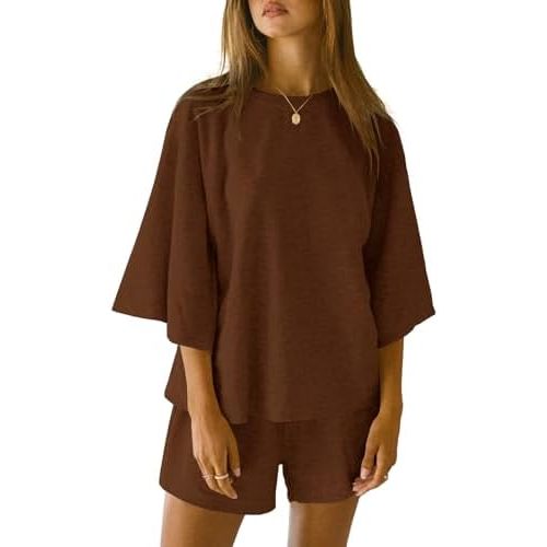 Tankaneo Womens Pajama Sets 3/4 Sleeve Oversized Tops and Elastic Waist Shorts Lounge Sets Loungewear