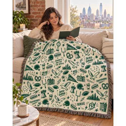 Philadelphia Football Woven Blanket, Bird Gang Throw, Vintage Philly Game Day Decor, Green Cream Tapestry, Football Fan Gift