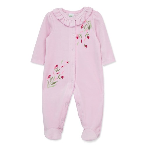 Leafy Embroidered Cotton Blend Velour Footie