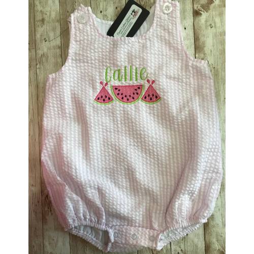 Personalized Name Baby Girls Toddler Watermelon  Summer Vacation  Seersucker Sun Bubble Romper