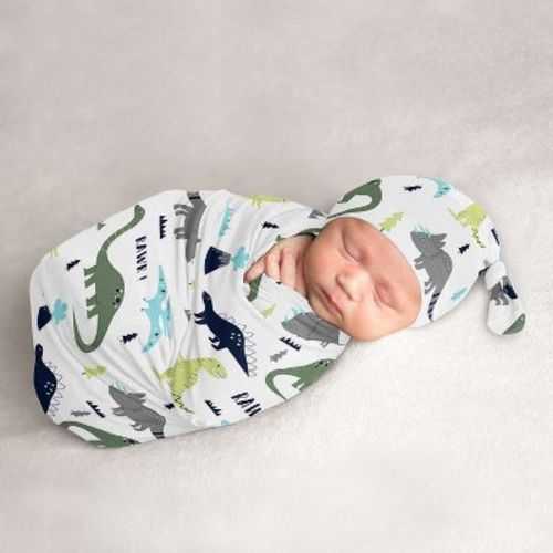 Sweet Jojo Designs Boy Baby Cocoon And Beanie Hat Swaddle Wrap Mod Dinosaur Blue Green And Grey 2pc