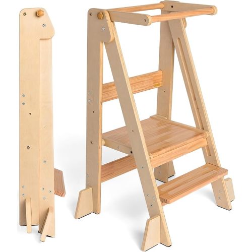 OCODILE Adjustable Foldable Toddler Tower – Folding Tower for Kids | Montessori Toddler Kitchen Step Stool Helper for Independence - Varnished