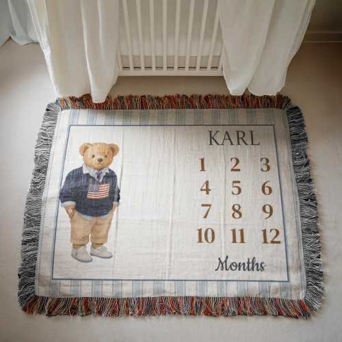 Personalized USA Teddy Bear Sweater Milestone Woven Blanket | Patriotic Teddy Bear | USA Flag| Cozy Bear Baby Monthly Photo Prop