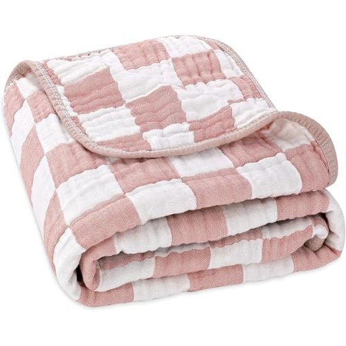 6-Layer Muslin Baby Blanket Made with Organic Cotton - Classic Neutral Checkered, Swaddle & Crib Quilt, 43”x43”, Dusty Pink Checkered, 1-Pack