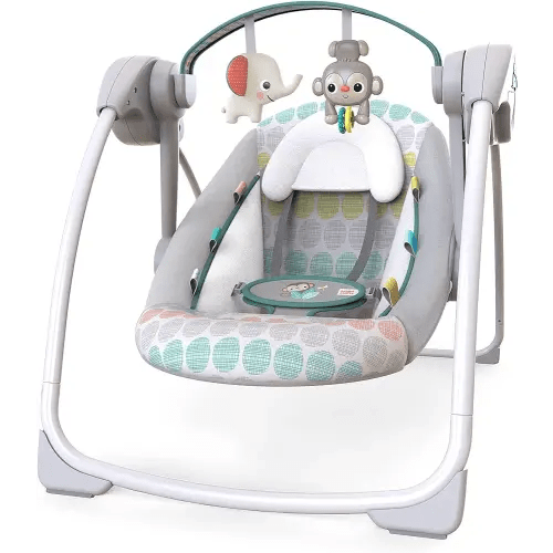 Bright Starts Portable Automatic 6-Speed Baby Swing with Adaptable Speed, Taggies, Music, Removable-Toy-Bar, 0-9 Months 6-20 lbs (Whimsical Wild)