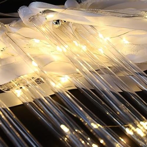 24 PCS Light up Wands for Wedding, Wedding Wands Ribbon with 3 Colorful Flashing Modes, LED Silk Fairy Wands Wedding Sparklers with Bells for Wedding, New Year, Concert, Festival Decorations (White)