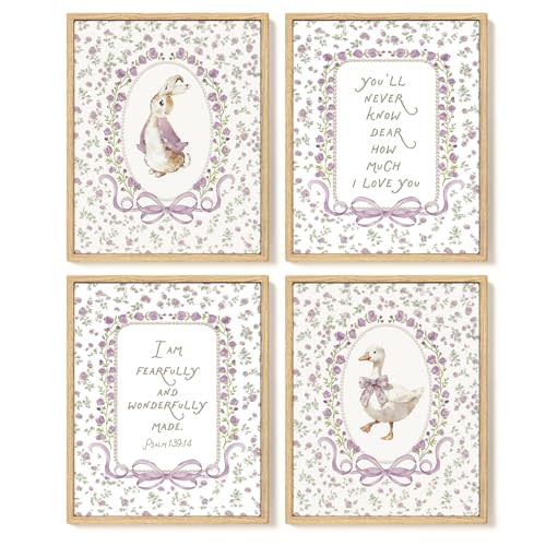 SkyCozy Baby Girl Nursery Decor- Purple Floral Goose Christian Nursery Wall Art Decor, Cottagecore Bunny Poster & Prints Wall Art for Girl Nursery Room Bedroom Decor 8x10Inch Set of 4 (UNFRAMED)