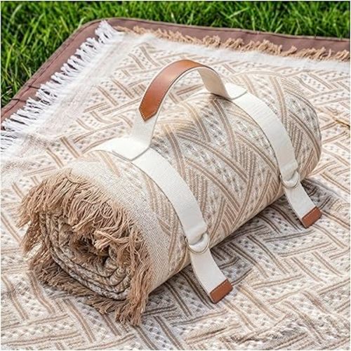 Genovega 2 in 1 Extra Large Rug Outdoor Picnic Blanket Waterproof Woven Boho Mat Giant Beach Towel Travel Essential Yoga Accessories Park Patio Lawn Garden Ground Music Festival Concert Must Have