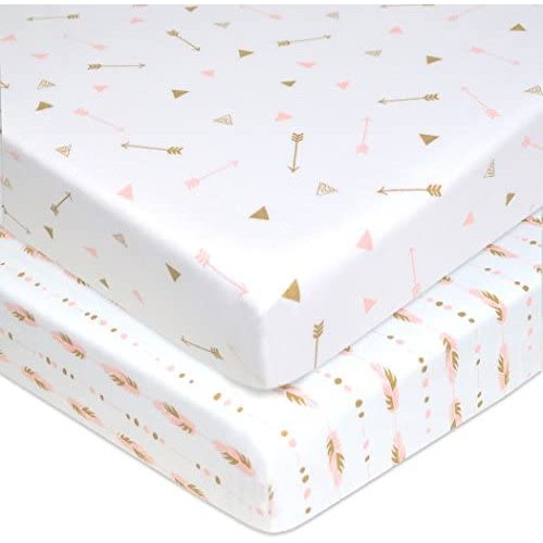American Baby Company Printed 100% Natural Cotton Jersey Knit Fitted Portable/Mini-Crib Sheet, Sparkle Gold/Pink Feathers/Arrows, Soft Breathable, for Girls, Pack of 2