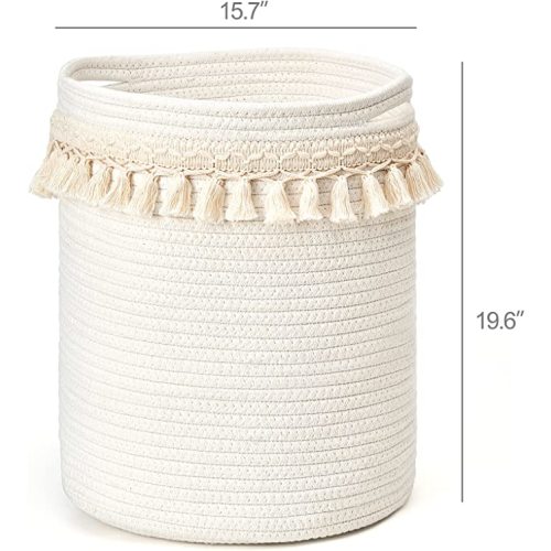 Mkono Macrame Decorative Cotton Rope Basket Boho Nursery Decor Small Cute Woven Tassel Closet Storage Bins Organizer for Baby Toys,Magazines, Potted Plants Cover,Living Room,Bedroom, 15.7"x19.6"
