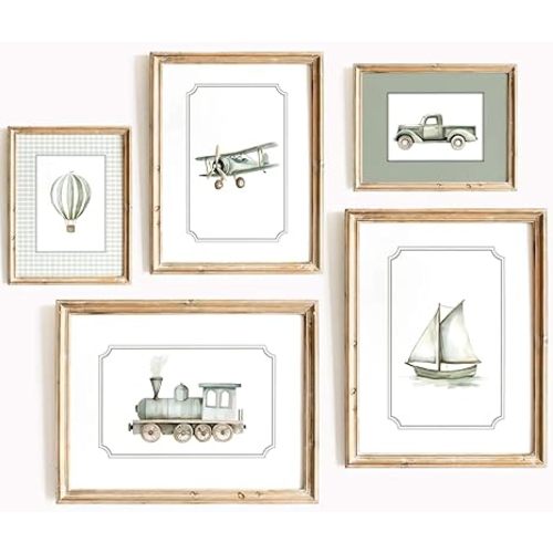 Sage Green Nursery Wall Art Boys Room Canvas Poster Kids Wall Decor Vintage Vehicle Prints Baby Toddler Pictures Transportation Plane Painting Train Truck Artwork for Bedroom 8x10 Inch Unframed