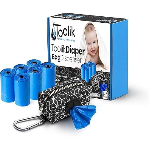 Toolik Diaper Bag Dispenser with 105 Disposable Unscented Waste Bags (7 Refill Rolls) for Baby and Toddler Poop or Dirty Clothes, Essential for Travel and Quick Change on The Go (3D Cubes)