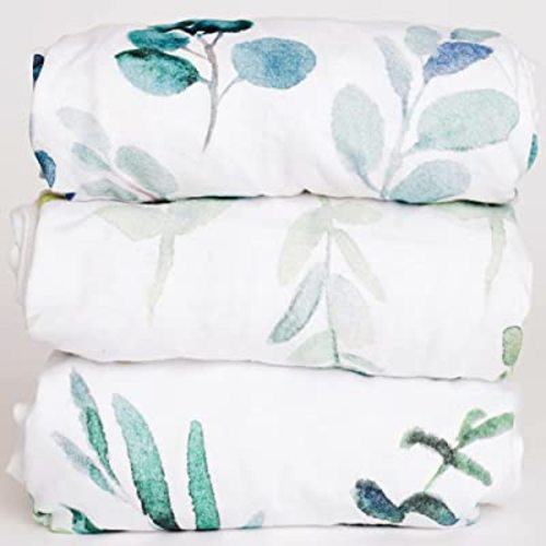 3 Fitted Bassinet Sheets Leafy Set - 100% Oeko-TEX Cotton Baby Girl/Boy - Gender Neutral Leaves, Floral Eucalyptus Greenery - Cradle/Moses Basket Hourglass Oval Rectangle Mattress