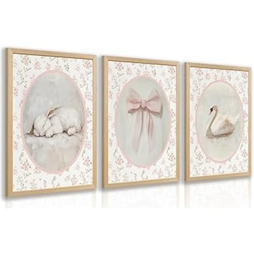 CAZLOUC Pink Nursery Wall Art Set of 3, Pink Bow Baby Girl Wall Decor, Cute Animal Rabbit Swan Poster Prints, Vintage Floral Canvas Artwork for Kid’s Room Bathroom Bedroom Wood Framed 12x16 Inch