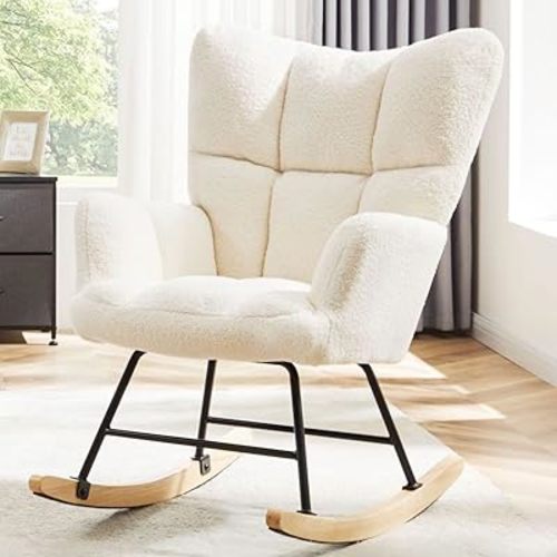 Nursery Rocking Chair, Boho Accent Ottoman, Teddy Upholstered Glider Rocker with High Backrest, Recliner Function and Foot Rest for Living Room, Small Spaces, Bedroom, Beige