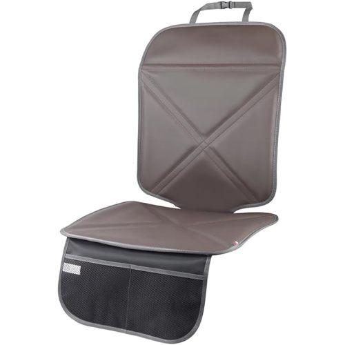 Car Seat Protector Leather Waterproof Child Safety Seat Protector Cover with Thick Pad and 2 Large Pockets Durable Kick Mat for All Auto Seat (Brown)